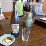 一茶 - ビール大瓶550円とお通しの糠漬け（無料）