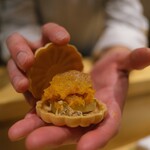 銀座 しのはら - フォアグラとアンポ柿とウイスキーゼリーの最中。