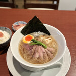 酒肴場 屯 - 【限定】津軽かも出汁中華蕎麦〜鰹サラダ節添え〜¥1400、白飯¥150