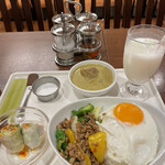 Surya Royal Garden - セットで注文　食器が社食っぽく　全体的にメニュー写真とギャップあり　グリーンカレーとガパオ　チョイス