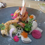 Ryoriya Takashima - 前菜～海老 広島県産の菜の花 スウィーティー（柑橘）  兵庫県産のあやめかぶ・姫路蓮根・紅しぐれ大根・紅芯大根 コチジャンマヨネーズ