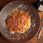 Pasta with meaty meat sauce slowly simmered in red wine