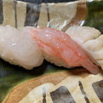 鮨よし - 左から白えび、甘エビ、バイガイ