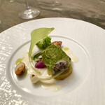 スープとカレー ボンジョルネ - ●前菜
      キノコのデュクセルを詰めた舌平目のフリルキャベツ包み