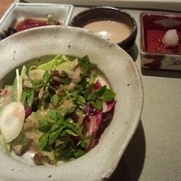 鉄板焼 かいか - サラダとお肉用ソース　わさび醤油、ごまだれ、大根おろし