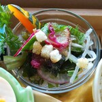 遊の丘 - 十割蕎麦、箸休め付の副菜(煮南瓜付き野菜サラダ)(R1.10.5撮影)