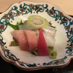 山玄茶 - ヒラメのクリームチーズ巻き、ヒラメのエンガワ、タコとイカ、マグロ