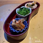 Sushi Kaiseki Ozawa - 甘海老の稚海老の佃煮､菜花､螺貝