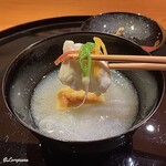 らん亭～ 美日庵 - 河豚に焼粟麩､金時人参､鶯菜､松葉柚子の霙椀