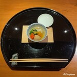 らん亭～ 美日庵 - 会津地鶏の団子と季節の野菜の炊合せ