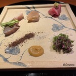 らん亭～ 美日庵 - 五島列島産の真鯖に平貝に青森 大間産の天然本鮪の蛇腹のトロの三種盛