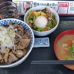 吉野家 - 料理写真:ねぎ塩牛カルビ丼(超特盛)ポテトサラダセット(とん汁変更)