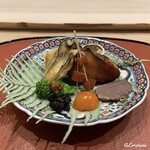 御料理 寺沢 - 毛蟹とキャビアのクリームコロッケ､牡蠣の松前焼､菜花に香茸､赤海鼠､寒鰤幽庵焼､唐墨松葉串､鹿ロースの燻製､金柑の蜜煮