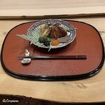 御料理 寺沢 - 毛蟹とキャビアのクリームコロッケ､牡蠣の松前焼､菜花に香茸､赤海鼠､寒鰤幽庵焼､唐墨松葉串､鹿ロースの燻製､金柑の蜜煮