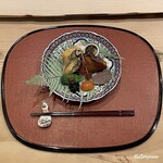 御料理 寺沢 - 毛蟹とキャビアのクリームコロッケ､牡蠣の松前焼､菜花に香茸､赤海鼠､寒鰤幽庵焼､唐墨松葉串､鹿ロースの燻製､金柑の蜜煮