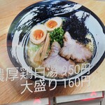 Menya Yoshisuke - 店内のメニュー紹介写真
                        大盛り160円増し…
                        やったことないけど値段的に2玉なのかもな