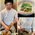 日本料理FUJI - 藤枝の胡麻を使ったほうれん草の胡麻和え
      女性の料理人が胡麻をカウンター越しに炒ると、次第に芳ばしい香りが店内に満ちてきます。
      入り終えた胡麻をご主人がすり鉢ですると更に良い香り！