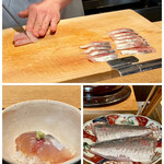 日本料理FUJI - 焼津 鯵ご飯
      鮮度の良さが身の美しさに如実に現れてます！
      鯵は、掛川の醤油を使った割醤油を軽く潜らせています。
      熱々ご飯で鯵の脂が溶けて良い塩梅です♪