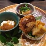 割烹 清風 - 八寸：上から時計回りに　ヤリイカリンゴのすりおろし煮、生麩2種、白子のみぞれ和え