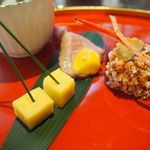 界 遠州 - 合鴨ロースのオレンジ酢　トウモロコシの葛豆腐