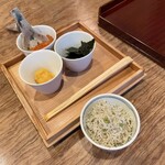 松川 - ご飯と味噌汁、香の物(いくら、唐墨、海苔、ちりめん山椒)