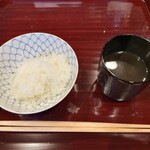 松川 - ご飯と味噌汁、香の物(いくら、唐墨、海苔、ちりめん山椒)