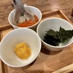 松川 - ご飯と味噌汁、香の物(いくら、唐墨、海苔、ちりめん山椒)