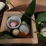 妙見石原荘 食菜石蔵 - 焼物…サワラの油焼きとそら豆の天ぷら