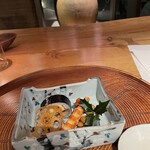 妙見石原荘 食菜石蔵 - 先付…福豆（大豆）は梅干しと鰯の紫蘇煮