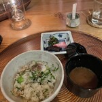 妙見石原荘 食菜石蔵 - ご飯と香の物…鯛と菜の花のご飯