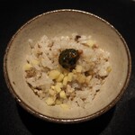薪鳥新神戸 - 薪そぼろご飯 + 生姜 + かんずり