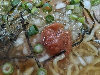 Okayama raamen menya shousei - 梅干、刻み玉ねぎが味を引き立たせる。