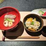 日本焼肉はせ川 別亭 - 神戸牛リブロース　虎福白子焼き　すまし仕立て/きんき土鍋御飯　唐墨