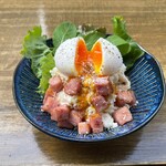 Potato salad with bacon and soft-boiled eggs