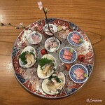 千陽 - 曹以､大間産 本鮪トロ､三沢産 北寄貝の造り