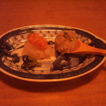 酒陶　築地 - 釣りアコウ桜海老の味噌乗せ　牛蒡のムース