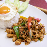 Stir-fried minced chicken gapao with rice: Gai Pat Bai Gapao Lat Khao