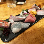 嬉々 わらまさ - お造り盛り合わせ(鰆・石鯛・本鮪トロ・茹で蛸・雲丹・烏賊・縞鯵・平目・縁側・金目鯛)
