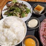 Bisutoro Sumiyakiniku Sakaba Chikinreggu - ご飯（大盛り）とサラダと味変用のアイテムと冷奴