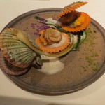 ライラ - 大分県産ヒオウギ貝、紫カリフラワー、抹茶のパウダー、ミニ・ポワロー葱と共に1