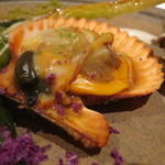 ライラ - 大分県産ヒオウギ貝、紫カリフラワー、抹茶のパウダー、ミニ・ポワロー葱と共に2