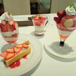 タカノフルーツパーラー - 苺のパフェ＆ミルフィーユ　苺のヨーグルトドリンク　あまおう苺と紅ほっぺ苺のパフェ