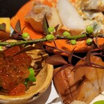 菅井 - 【盛り合わせ】鯛の南蛮漬け、粟麩？と無花果の白和え、玉子焼き、河豚の煮凝り、菜の花いくら、叩き牛蒡、あん肝、空豆、あんぽ柿たま味噌入り揚げ