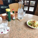 ケララ - サラダが運ばれた時に粉チーズとタバスコ、ピッチャーのお水もきます