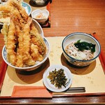 Mugi Toro Tempura Agetenya - 一本穴子と海老三本天丼ミニ麺セット