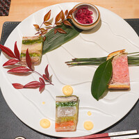 銀座 大石 - ８種類の野菜と帆立のテリーヌ、田舎風テリーヌ、パテドアンクルート、赤キャベツ酢漬け