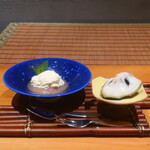 日本料理 幸庵 - 生姜のムース りんごのすり流し添え、アテモヤの盛合せ