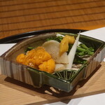 日本料理 幸庵 - 雲丹と平貝炙りの加減酢ジュレ掛けアップ