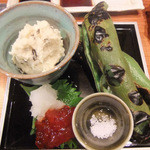 焼き空豆、筋子、ポテトサラダ