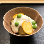Kinari - 4品目 焼き茄子 鶏ささみ 紅はるか(薩摩芋)の白和え